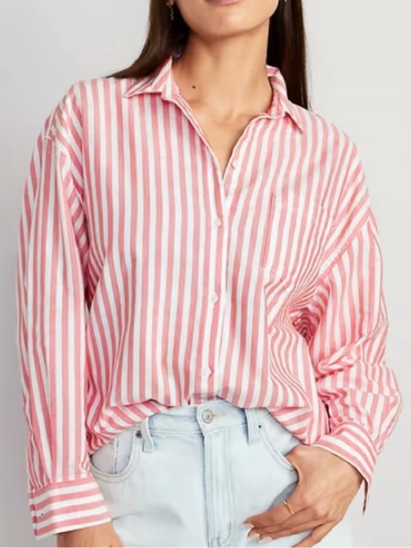 Old Navy Women's Boyfriend Shirt Striped Red Pink Seersucker Button-Down Sz M